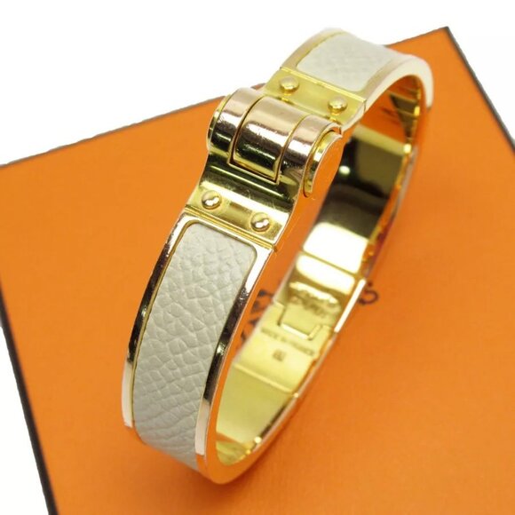 Auth HERMES Bangle Bracelet Gold/Light Greige metal/leather